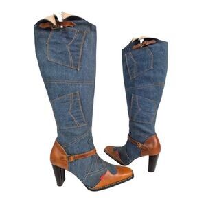 Noel I LOVE NY Denim Blue Jean Brown Leather Dress Boots Pockets Buckles Sz 8.5